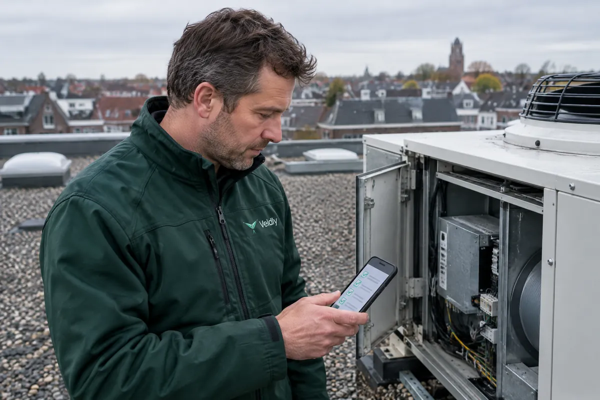 Een monteur loopt op een dak een onderhoudschecklist af op zijn telefoon.