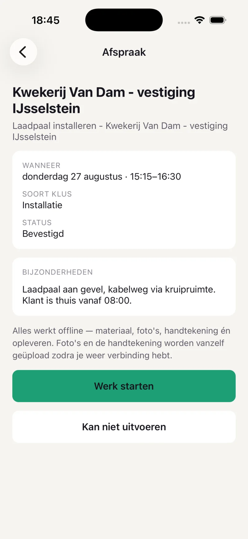 Een klus in de monteurs-app met tijd, soort werk, bijzonderheden en de knop om te starten.
