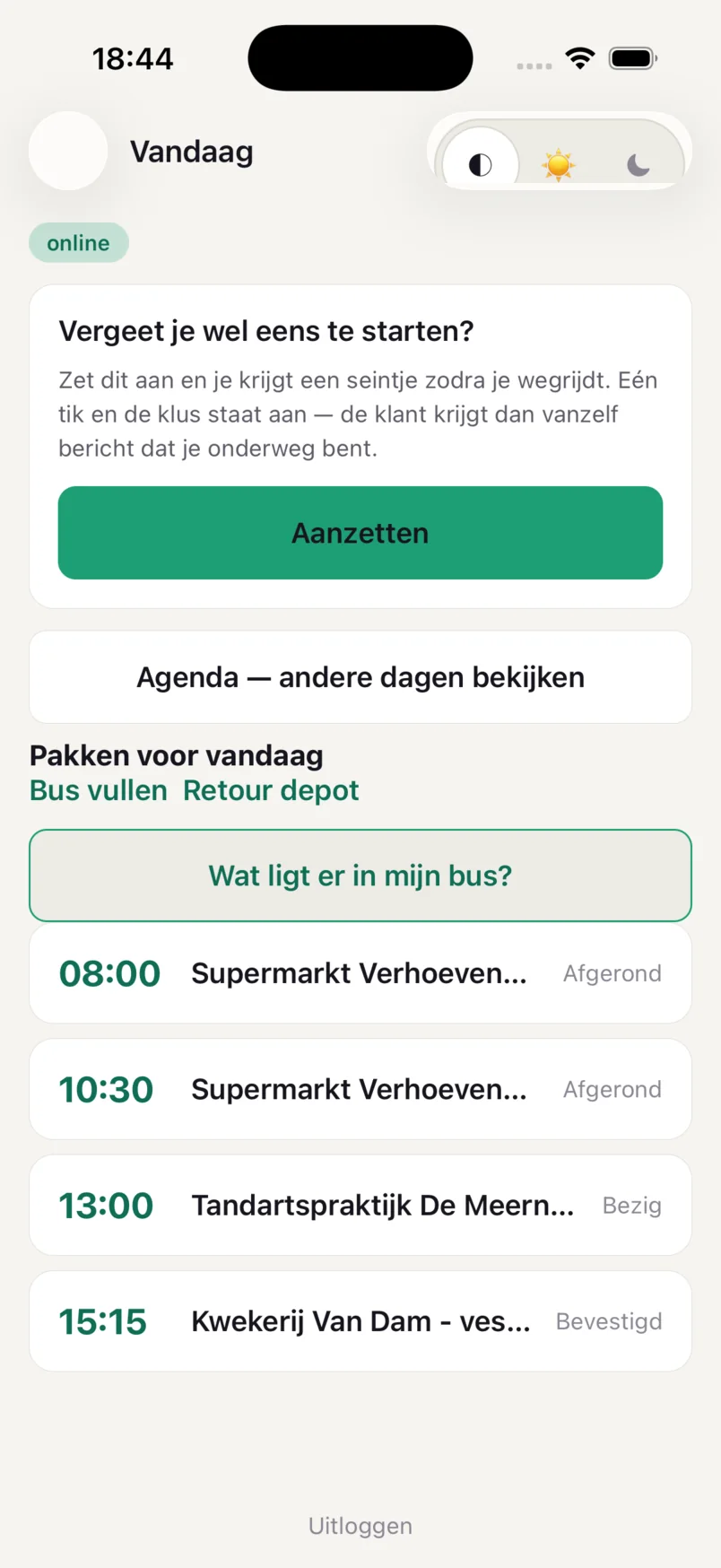 Het beginscherm van de monteurs-app met de klussen van vandaag en hun status.